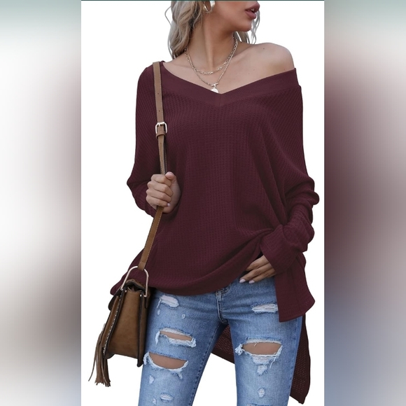 Oversized V-Neck Batwing Sleeve Waffle Knit Split Hem Tunic Maroon MSRP $39.99 - Picture 4 of 11